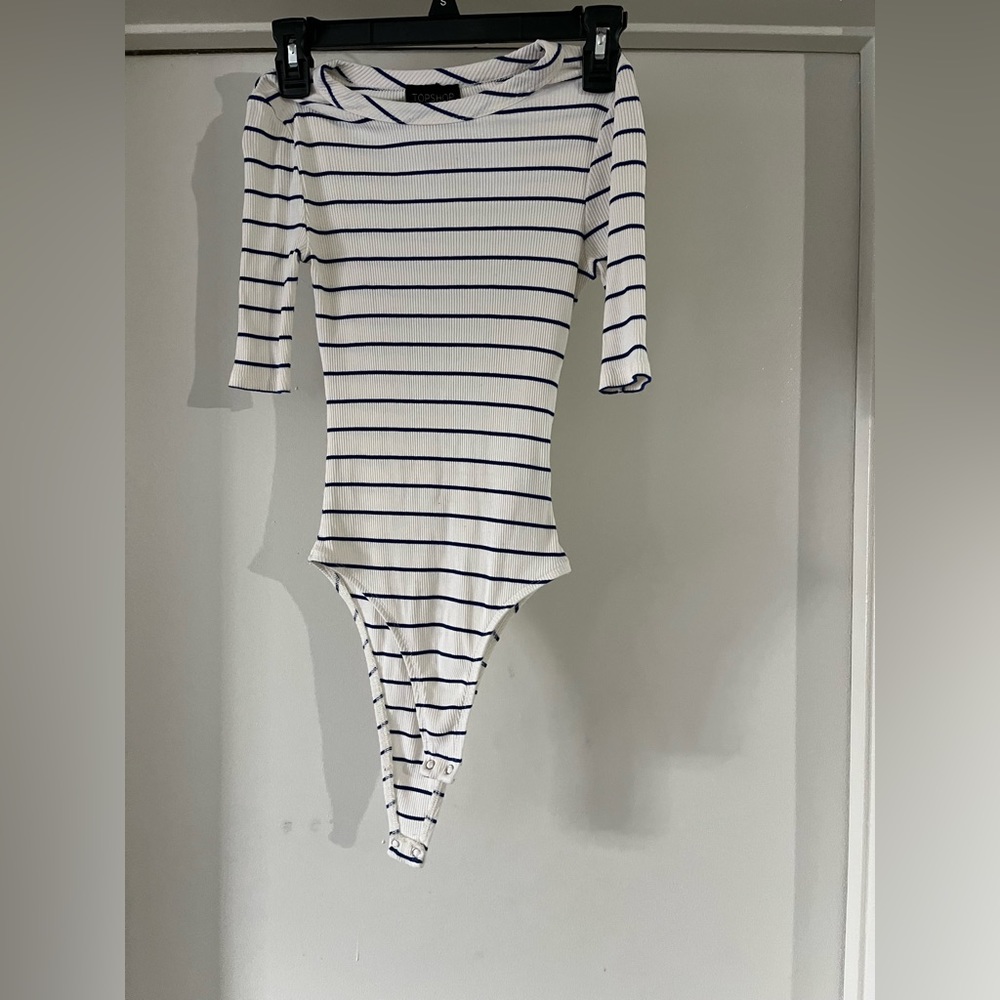 Beautiful lightweight white and blue striped body suit.
